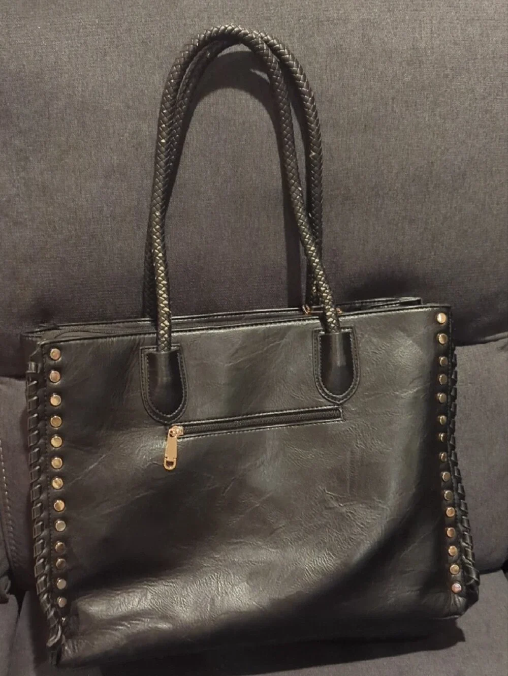 Classic Black Leather Tote Bag with Stud Detailing